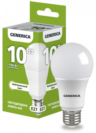 Лампа светодиодная A60 груша 10Вт 230В 4000К E27 GENERICA – №1