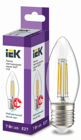 Лампа светодиодная C35 свеча прозрачная 7Вт 230В 4000К E27 серия 360° IEK – №1